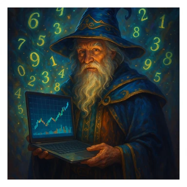 finance wizard character, laptop in hand displaying a finance chart, surrounded by flying numbers, fantasy-inspired style sticker
