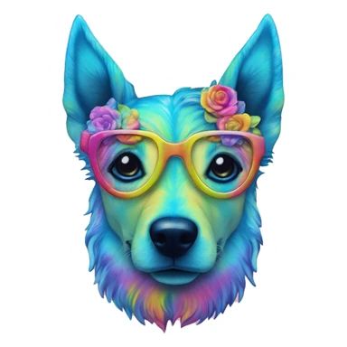 Multicolored rainbow retro groovy tie dye hippie trippy floral patterns on a metallic holographic iridescent blue dog face head unicorn sticker