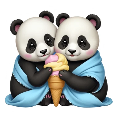 Pandas hugging and sharing ice cream wrapped in blanket  sticker