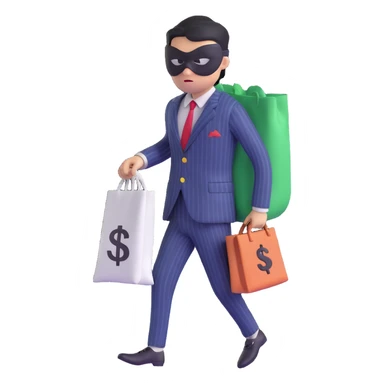 A thief with a bag of money on his back, wearing a striped suit and a black eye mask sticker