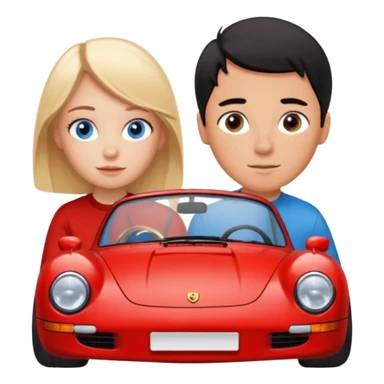 crea un emoji que sea una pareja, una chica rubia con pecas en la cara & los ojos azules & un chico con el pelo negro lindo con ojos cafés que haya un porsche rojo  sticker