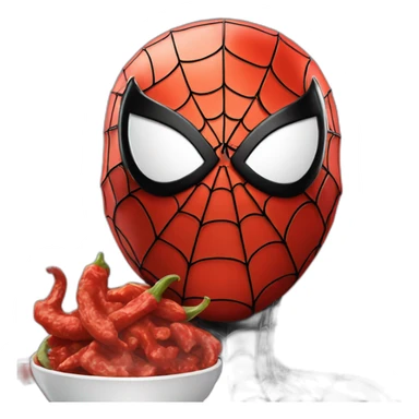 spider-man with his black white and silver suit eating a red hot chili sticker