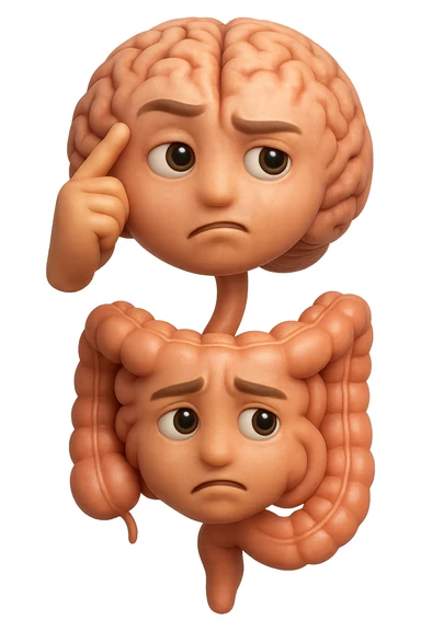 EMOJI STILE IPHONE 3D DI cervello e intestino umani collegati verticalmente con espressione dubbiosa in volto E FALLO MOLTO REALISTICO IN 3D sticker