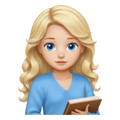 make me an emoji of a blonde girl studying, wear a baby blue v-neck knit jumper and no glasses with long curled hair blue eyes and no blackboard sticker