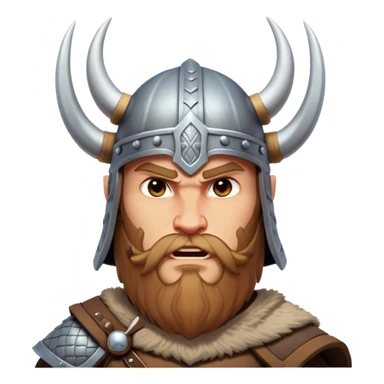 Clash of Clans aesthetic: Cinematic Fierce Viking Portrait Emoji, Poised and bold with a rugged yet stylized build, wearing a simple horned helmet and sporting a neatly trimmed beard, his face rendered in a natural skin tone, intense eyes reflecting fierce determination, Simplified yet dynamic features, highly detailed, glowing with a cool, battle-ready radiance, high shine, brave and resolute, stylized with an air of ancient Nordic valor, focused and commanding, soft glowing outline, capturing the essence of a fearless Viking adventurer ready to set sail on epic quests! sticker