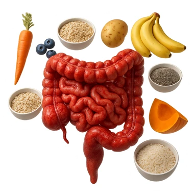 intestino umano anatomico infiammato con carota, bowl di avena, mirtilli, bowl di semi di chia, patate, banane, zucca, bowl di riso che gli fluttuano dietro, iperrealistico 4k sticker