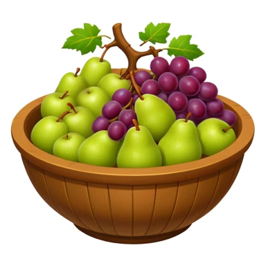 medieval fruit bowl object icon, grapes apples pears, clay bowl, warm rustic look, 3D cartoon, mobile game icon style, clean background, no text, no watermark
 sticker