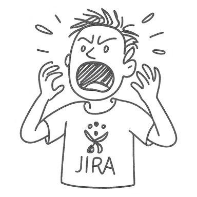 screaming IT guy wearing an Atlassian Jira t-shirt, hand drawn outlined icon sticker