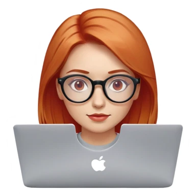 Девушка лет 28, рыжий блонд, длина волос чуть ниже плечей, овальное лицо (не длинное), очки с круглой оправой прозрачно красными стеклами. Изображение по пояс, она сидит за ноутбуком sticker