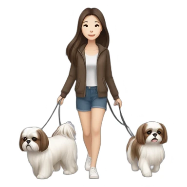 a asian girl with long brown hair walking with a white and brown shih tzu sticker