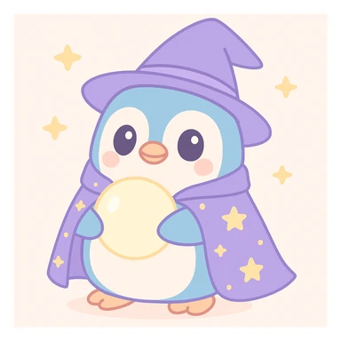 chubby penguin in wizard attire, starry cloak, glowing orb, wise and friendly expression, cute style sticker