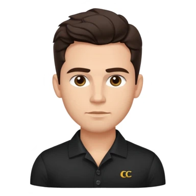 He’s a man with light to medium skin, a defined oval face, full brows, deep-set eyes, and wavy short dark brown tall hair styled with height, sides are trimmed. muscular. expression calm and focused relaxed black black button shirt open collar. polished, articulate, and coach vibe. tall hair tall  sticker