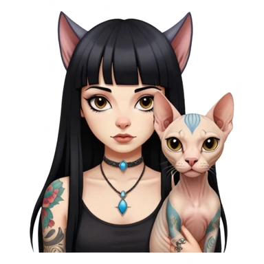 girl with long black  straight bangs hair and tattoos and a Sphynx sticker