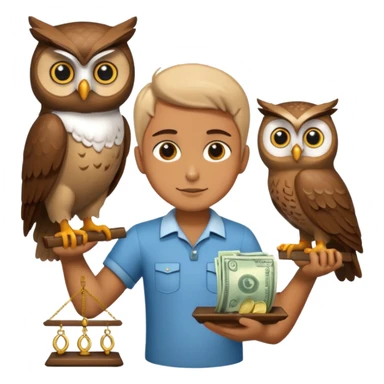 holding money and scale with two mascot owl sticker