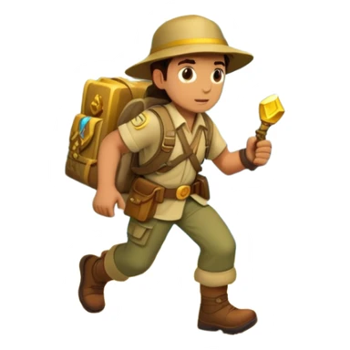 an adventure game, inspired by Uncharted-2. The design features a rugged explorer navigating through ancient ruins, with treasure and obstacles in the background. A dynamic environment with jungle, cliffs, and puzzles highlights the thrill of discovery and action. Transparent background. sticker