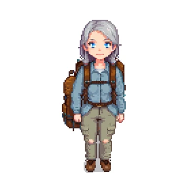 white woman park ranger with blue eyes, brown and gray hair, wearing a backpack, standing in a nature background sticker