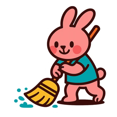 rosy bunny sweeping floor with broom, vibrant-toon style sticker
