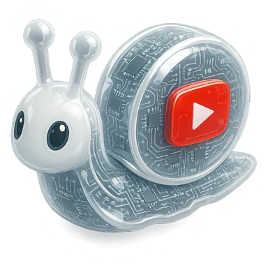 white robot snail with YouTube play button, glossy circuit style sticker
