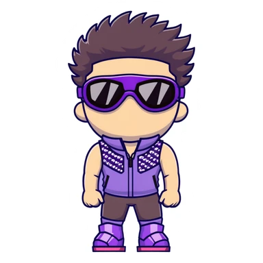 male athlete with white skin and moderately curly dark brown hair on top with shaved sides, wearing ski goggles with purple frames and very dark black lenses, a simple plain black chain necklace, and a completely unzipped sleeveless vest with purple and black sequin fire pattern design with no logo, fully revealing his chest, shoulders and arms, no earrings sticker