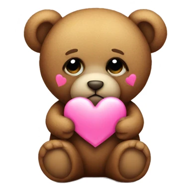 Teddy bear with sad eyes holding a pink heart sticker