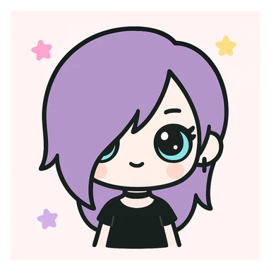 goth girl with purple asymmetrical hair, blue eyes, pale skin, chibi style sticker