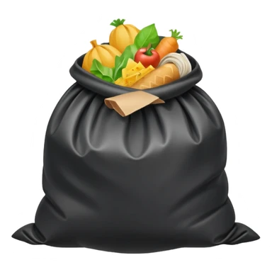 emoji-style icon of a trash bag leaking food waste, flies and stink lines, unsanitary, clear at small size, no text sticker
