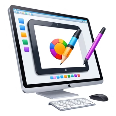 Computer graphics icon, large monitor with graphic design software open, graphic tablet, stylus, vibrant colors, minimalistic style, clean lines, transparent background. sticker