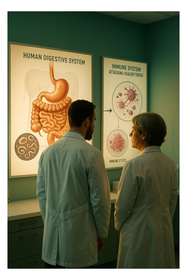 In italiano Realistic, detailed photo taken from behind of two doctors—a bearded man and a middle-aged woman—standing side by side in a modern medical office, intently studying a large, illuminated medical chart on the wall. The chart displays a detailed diagram of the human digestive system, highlighting the intestines and showing microscopic images of intestinal parasites. Next to it, another chart illustrates the immune system attacking healthy tissues, visually connecting gut parasites to autoimmune disease mechanisms. The room is bathed in a single green-blue color, with a warm, yellow-orange light casting soft shadows around the doctors. Both wear white coats and have serious, focused expressions, suggesting a deep discussion about the root causes of autoimmune conditions. Shot with a Canon EOS R5, with high detail, natural depth of field, and a clinical yet dramatic atmosphere. sticker