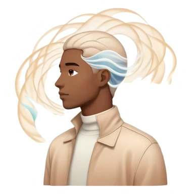 Minimalist male profile surrounded by ethereal energy waves with clothing items and accessories floating around it, style inspiration concept sticker