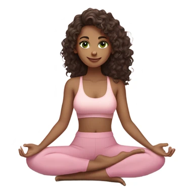 Dark brown long curly hair and green eyes yoga beautiful young woman in light pink pink pink clothes sitting on a yoga mat sticker