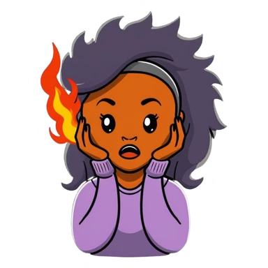 African American woman with long hair, frustrated expression, hair on fire sticker