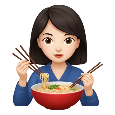 chica joven con piel clara y pelo oscuro comiendo un bowl de comida sticker