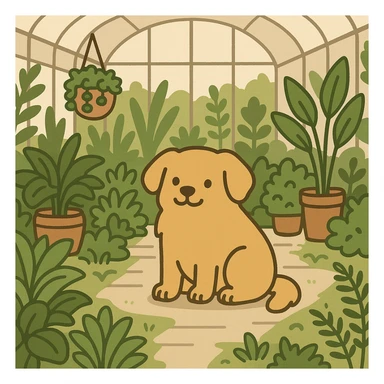 pusheen-style flat toon golden retriever in a botanical garden greenhouse sticker