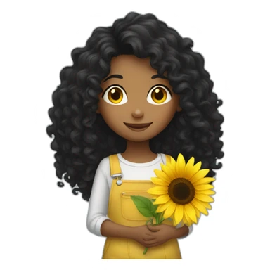 Long black Curly hair Girl holding sunflower sticker