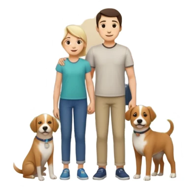 1 Father 1 Mother and 1 young BOY who is half as tall as the parents, standing in front of their house with a dog next to them. Everyone should look VERY happy. There MUST be a house behind them with trees and plants sticker