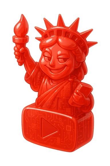 red Statue of Liberty with a playful sarcastic grin, red YouTube play button, glossy circuit style sticker
