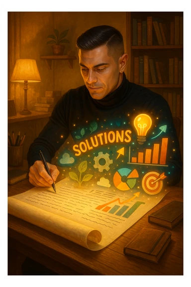 Un uomo concentrato, seduto alla sua scrivania in una stanza con luce calda, sta scrivendo su un enorme foglio di carta che si espande magicamente davanti a lui. Mentre scrive, le parole si trasformano in elementi visivi tridimensionali che rappresentano le soluzioni ai suoi problemi sticker