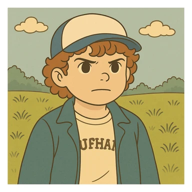 Replace Eleven from the first season with Dustin, keeping a determined expression, simple and delicate line art as in the reference image, colored in pastel tones, with thick and dark outlines, in Ghibli style, square format 1:1. sticker