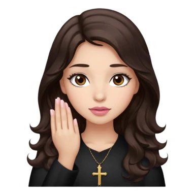 girl with wavy long glamorous dark brown hair, brown eyes, light to medium complexion, long lashes, light pink lipstick, praying sticker