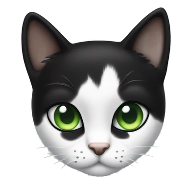 A small tuxedo cat with sleek black fur and a white chest, paws, and belly. It has bright green eyes, long white whiskers, and a white mustache going across its face. sticker