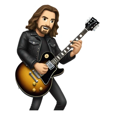 A man with Long brown hair and goatee is wearing a black leather jacket, black spandex pants, Chuck Taylor shoes while playing a Gibson Les Paul guitar  sticker