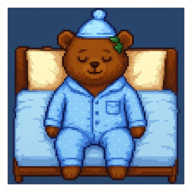 A bear in pajamas, pixel art style, sleeping with a nightcap, with a hat sticker