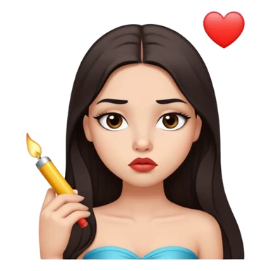girl with lighter skin, dark brown long straight hair, pouty shiny lips without cupid's bow, large eyes, lighter button nose, long oval-shaped face, wearing a bandeau top sticker