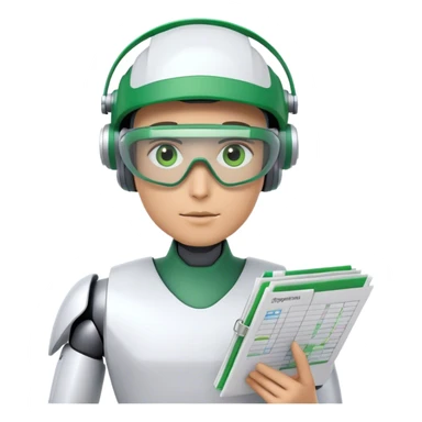 human like robot wearing  accountant Green eyeshade visor  and holding spreadsheets sticker