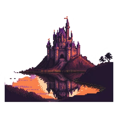 castle at sunset with warm orange and purple sky, dramatic lighting, no characters sticker