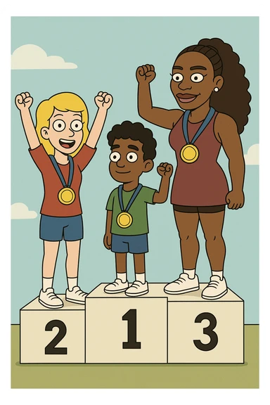 winners podium girl yellow hair Olympic Gold Medal a boy brown skin black Classic Curl hair Olympic Gold Medal Serena Williams Olympic Gold Medal  sticker
