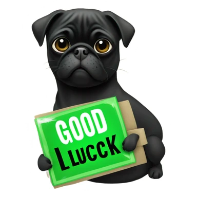 Black pug holding a green sign that says good luck  sticker