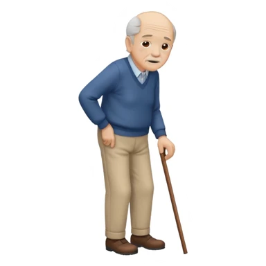 An old men leaning on a single cane walking with the other hand on his back to express back pain sticker