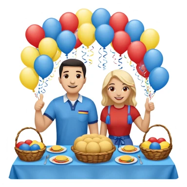 party table decorated with red blue and yellow colors, including a backdrops, balloons arch, streamers and more. On the table are intricate displays of colombian arepas, and baskets of money. In the forefront is a woman and man in simple clothing, big smiles and big thumbs up sticker