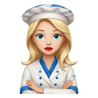 Beautiful, sexy,  long blonde hair, blue eyed, full red lips plunging v neck chefs coat, female chef arms folded  sticker